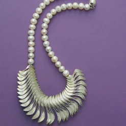 Tomfoolery One-Of-A-Kind Pearl Feathered Statement Necklace New