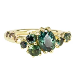 Tomfoolery One-Of-A-Kind Teal Sapphire & Champagne Diamond Dryad V Ring New