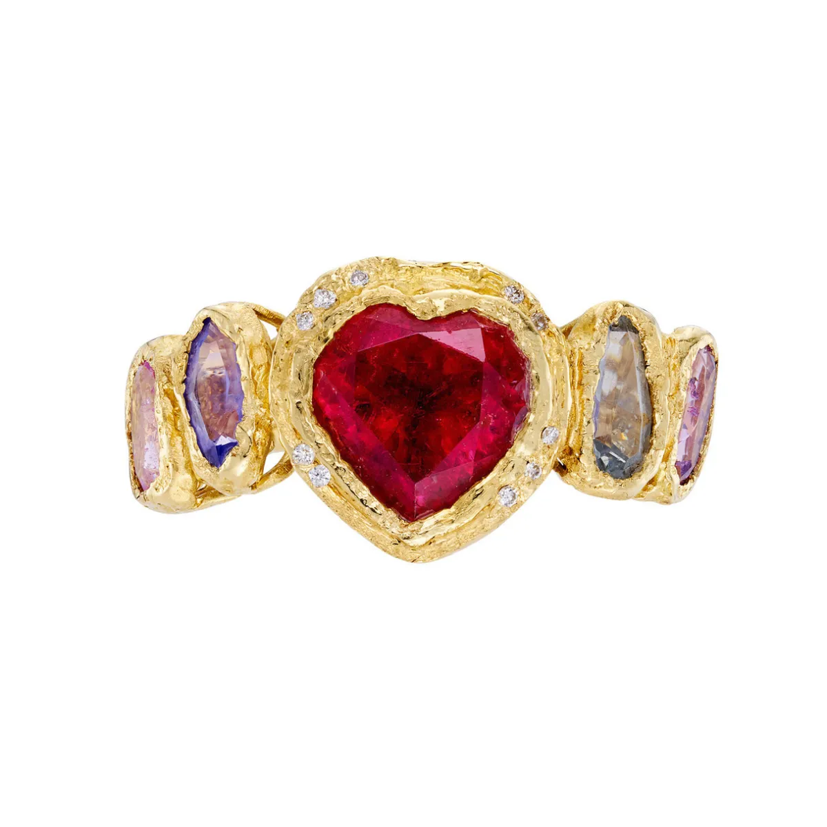 Tomfoolery One-Of-A-Kind Tourmaline Heart Ring with Geometric Sapphires & Diamonds Fashion