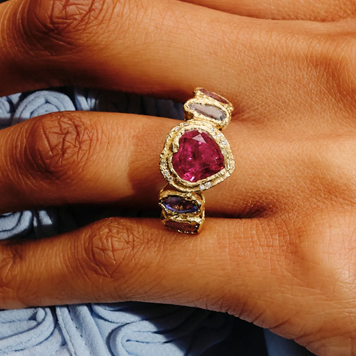 Tomfoolery One-Of-A-Kind Tourmaline Heart Ring with Geometric Sapphires & Diamonds Fashion
