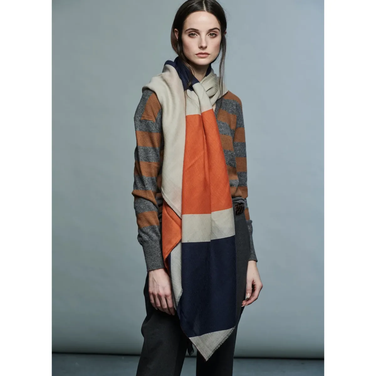 Tomfoolery Orange, Blue and Taupe Geometric Scarf Discount