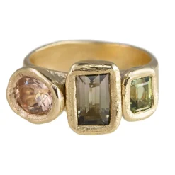 Tomfoolery Organic Three Stone Morganite & Tourmaline 9ct Yellow Gold Ring Sale