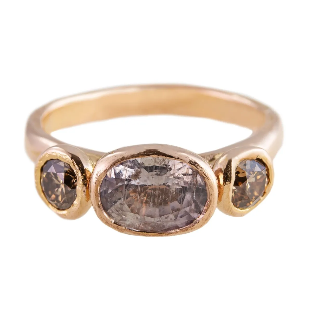 Tomfoolery Organic Three Stone Sapphire & Cognac Diamond 9ct Rose Gold Ring Online