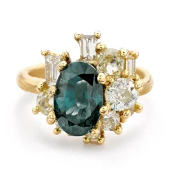 Tomfoolery Oval Teal Sapphire & Diamond Sweeping Cluster Ring Best