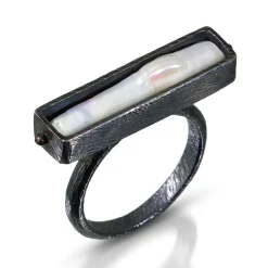 Tomfoolery Oxidised Silver & Pearl Bar Ring Outlet