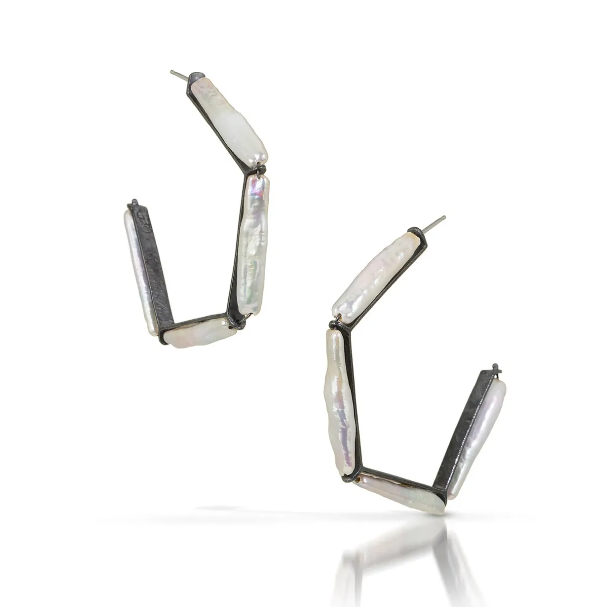 Tomfoolery Oxidised Silver & Pearl Carved Angle Hoops Best