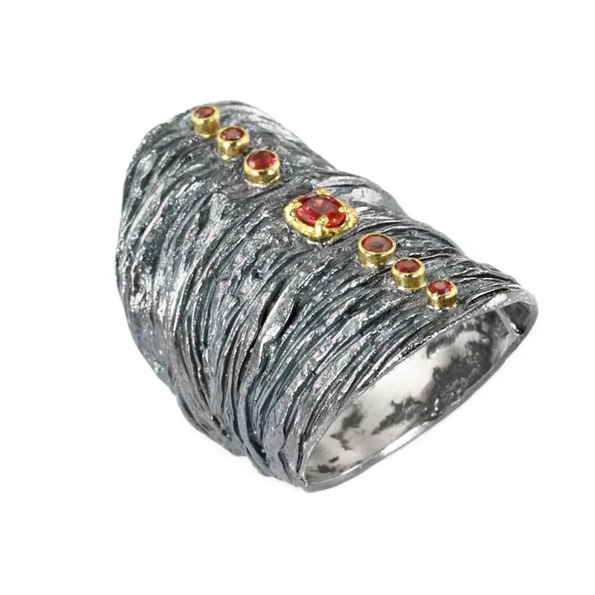 Tomfoolery Oxidised Silver & Ruby Textured Shield Ring Hot