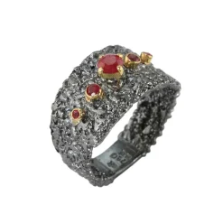 Tomfoolery Oxidised Silver & Ruby Textured Wide Ring Best
