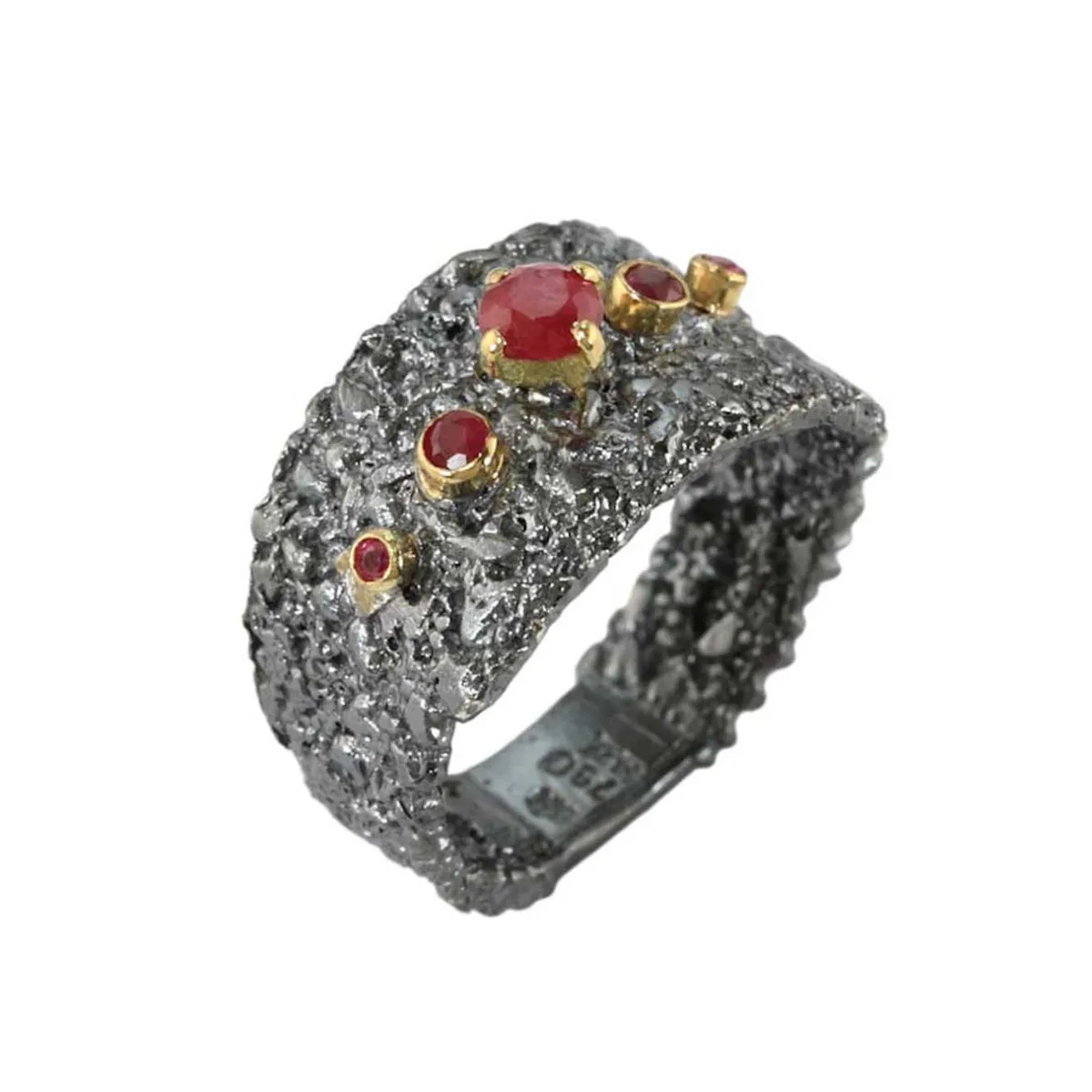 Tomfoolery Oxidised Silver & Ruby Textured Wide Ring Best