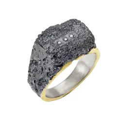 Tomfoolery Oxidised Silver, Gold & Black Diamond Square Signet Ring Online