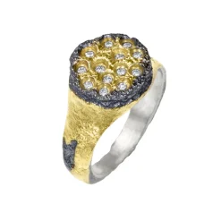 Tomfoolery Oxidised Silver, Gold & Diamond Scatter Signet Ring New