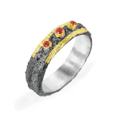 Tomfoolery Oxidised Silver, Gold & Triple Ruby Ring Clearance