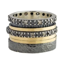 Tomfoolery Oxidised Silver, Gold and Double Row Diamond Textured Spinning Ring 1 Hot