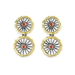 Tomfoolery Oxidised Silver, Ruby & Gold Double Disc Drop Earrings Discount