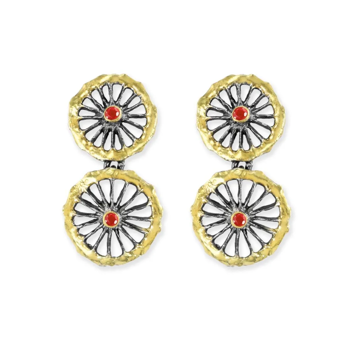 Tomfoolery Oxidised Silver, Ruby & Gold Double Disc Drop Earrings Discount