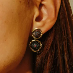 Tomfoolery Oxidised Silver, Ruby & Gold Double Disc Drop Earrings Discount