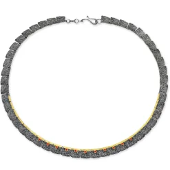 Tomfoolery Oxidised Silver, Ruby & Gold Square Link Necklace Fashion