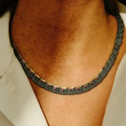Tomfoolery Oxidised Silver, Ruby & Gold Square Link Necklace Fashion