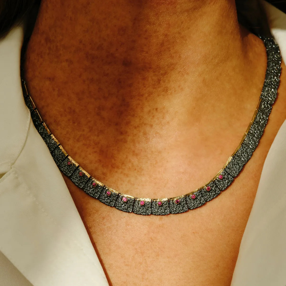 Tomfoolery Oxidised Silver, Ruby & Gold Square Link Necklace Fashion