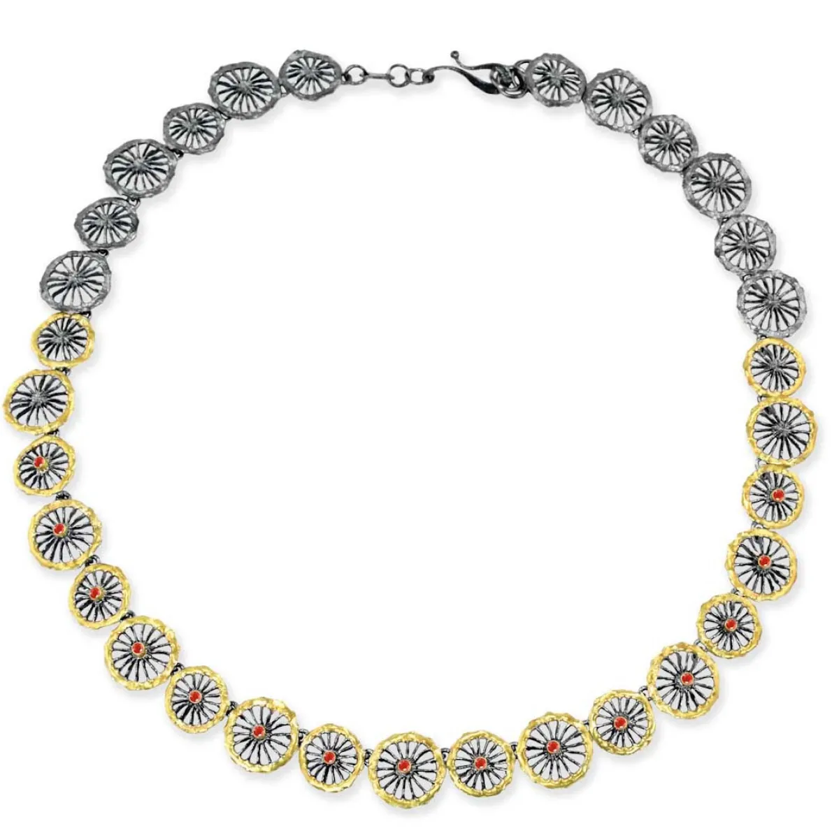 Tomfoolery Oxidised Silver, Ruby & Gold Disc Necklace Hot