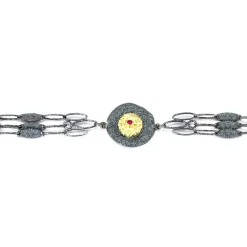 Tomfoolery Oxidised Silver, Ruby & Gold Triple Chain & Circle Bracelet Fashion