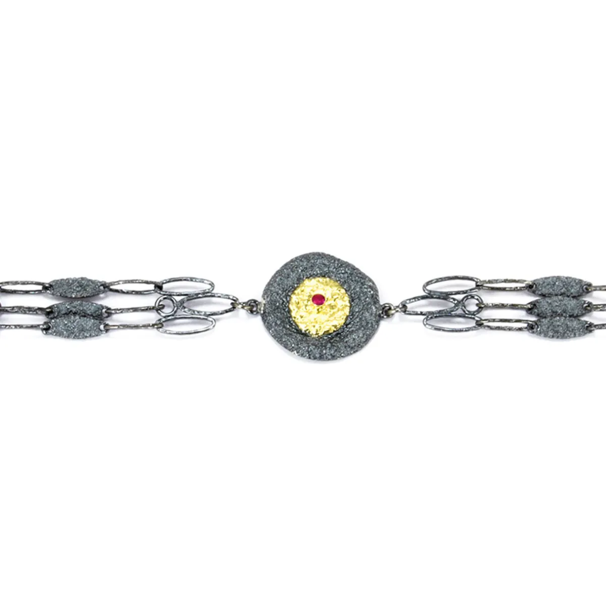 Tomfoolery Oxidised Silver, Ruby & Gold Triple Chain & Circle Bracelet Fashion
