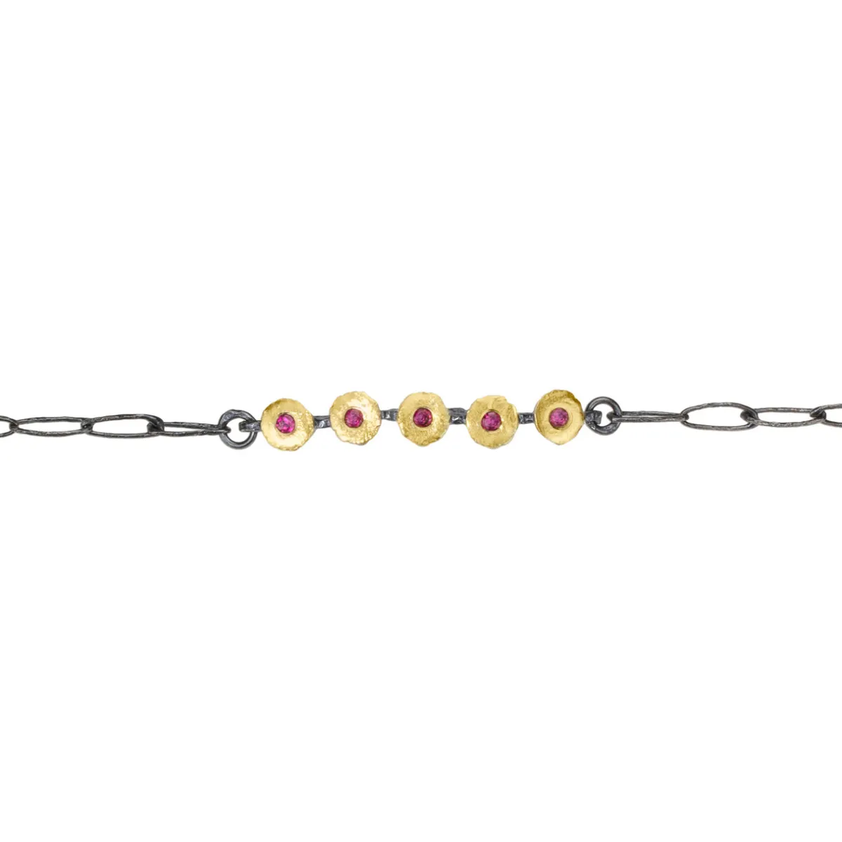 Tomfoolery Oxidised Silver, Ruby & Gold Chain Link & Circle Bracelet Hot