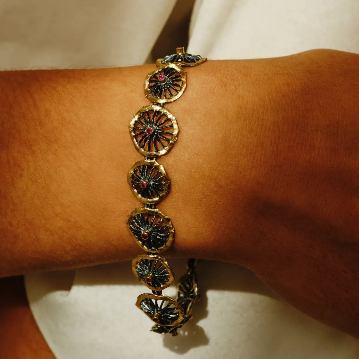 Tomfoolery Oxidised Silver, Ruby & Gold Disc Bracelet Outlet