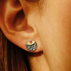 Tomfoolery Oxidised Silver Textured Round Ruby Studs Discount