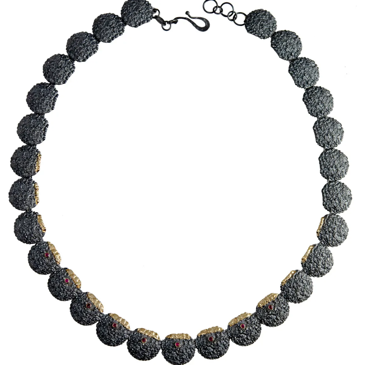 Tomfoolery Oxidised Silver Textured Round Ruby Necklace New