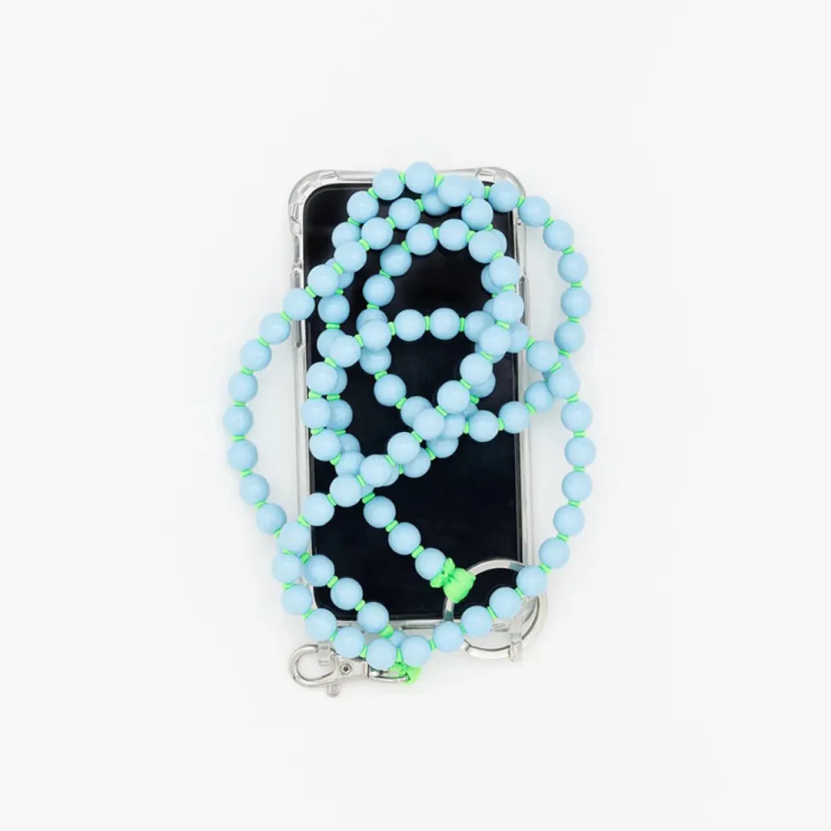 Tomfoolery Pastel Blue & Neon Green Perlen Wooden Beaded iPhone Necklace & Keychain Sale