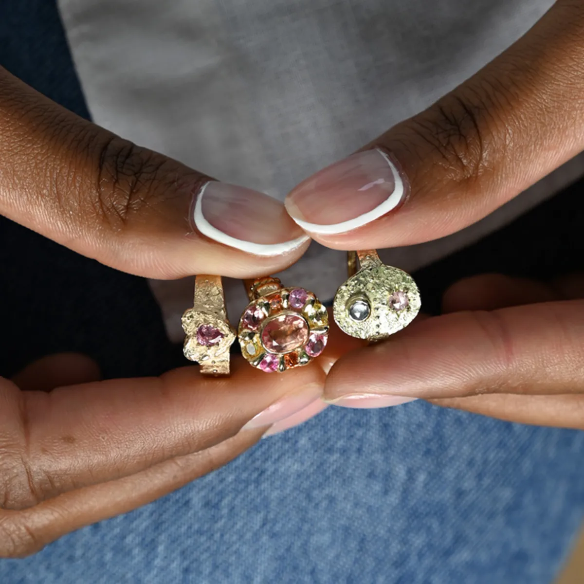 Tomfoolery Pastel Pink & Blue Sapphire Rustic Shield Ring Hot