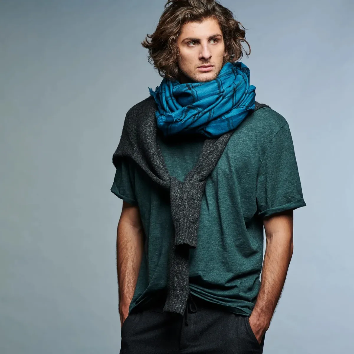 Tomfoolery Petrol Blue and Black Check Scarf Hot