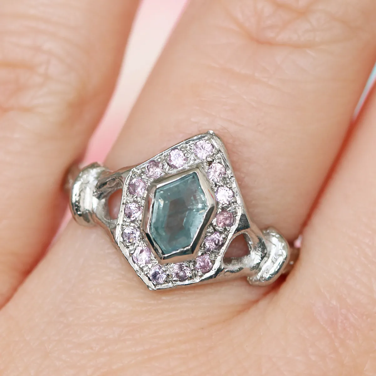 Tomfoolery Pink & Green Hexagon Halo Ring Clearance