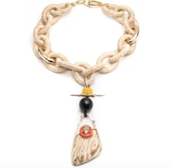 Tomfoolery Raffia Link Necklace with Wood Grain Pendant New