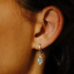 Tomfoolery Rectangular Triple Bead Blue Topaz Hoop Earrings New