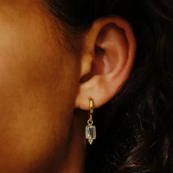 Tomfoolery Rectangular Triple Bead Blue Topaz Hoop Earrings New