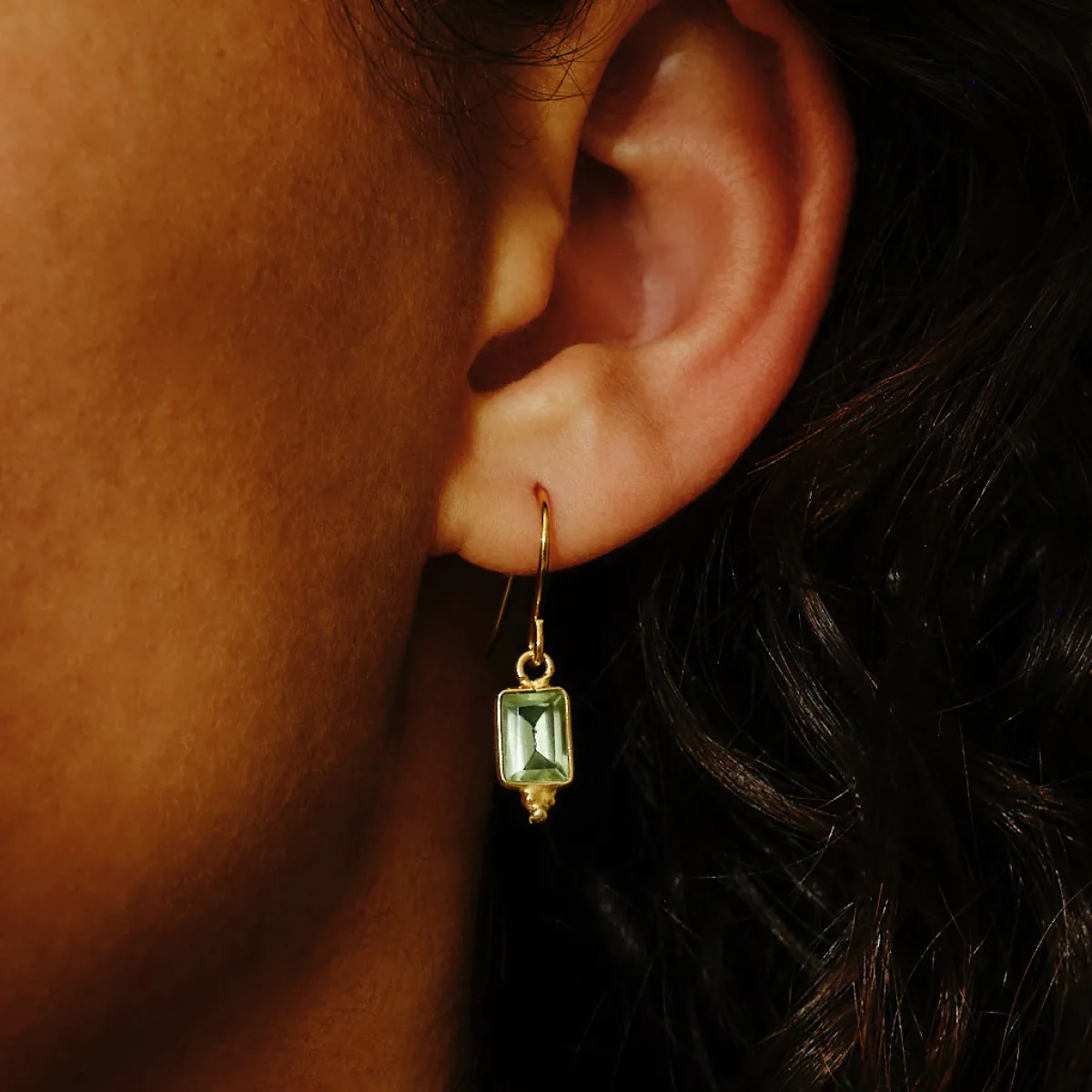 Tomfoolery Rectangular Triple Bead Green Amethyst Drop Earrings Hot