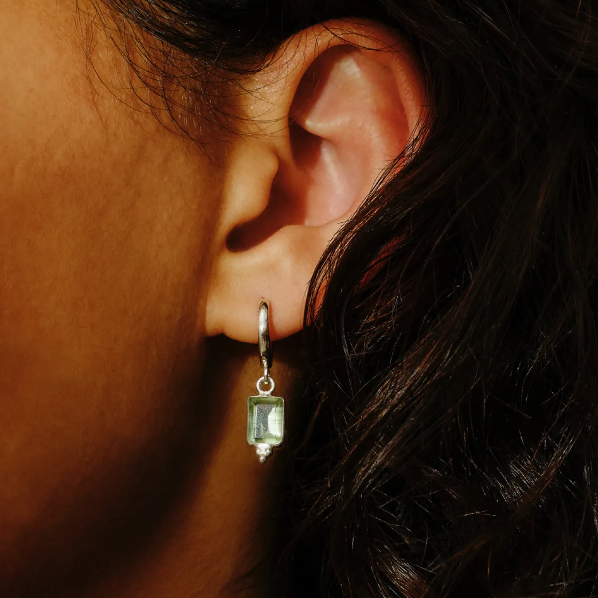Tomfoolery Rectangular Triple Bead Green Amethyst Hoop Earrings Clearance