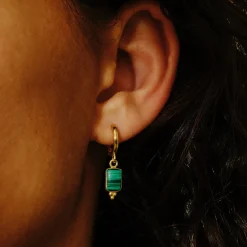 Tomfoolery Rectangular Triple Bead Malachite Hoop Earrings Fashion
