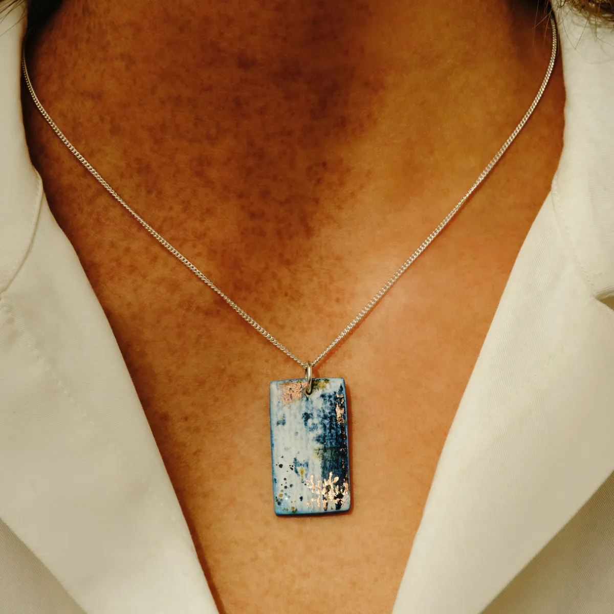 Tomfoolery Resin Coated Rectangle Pendant in Dusty Blue Sale