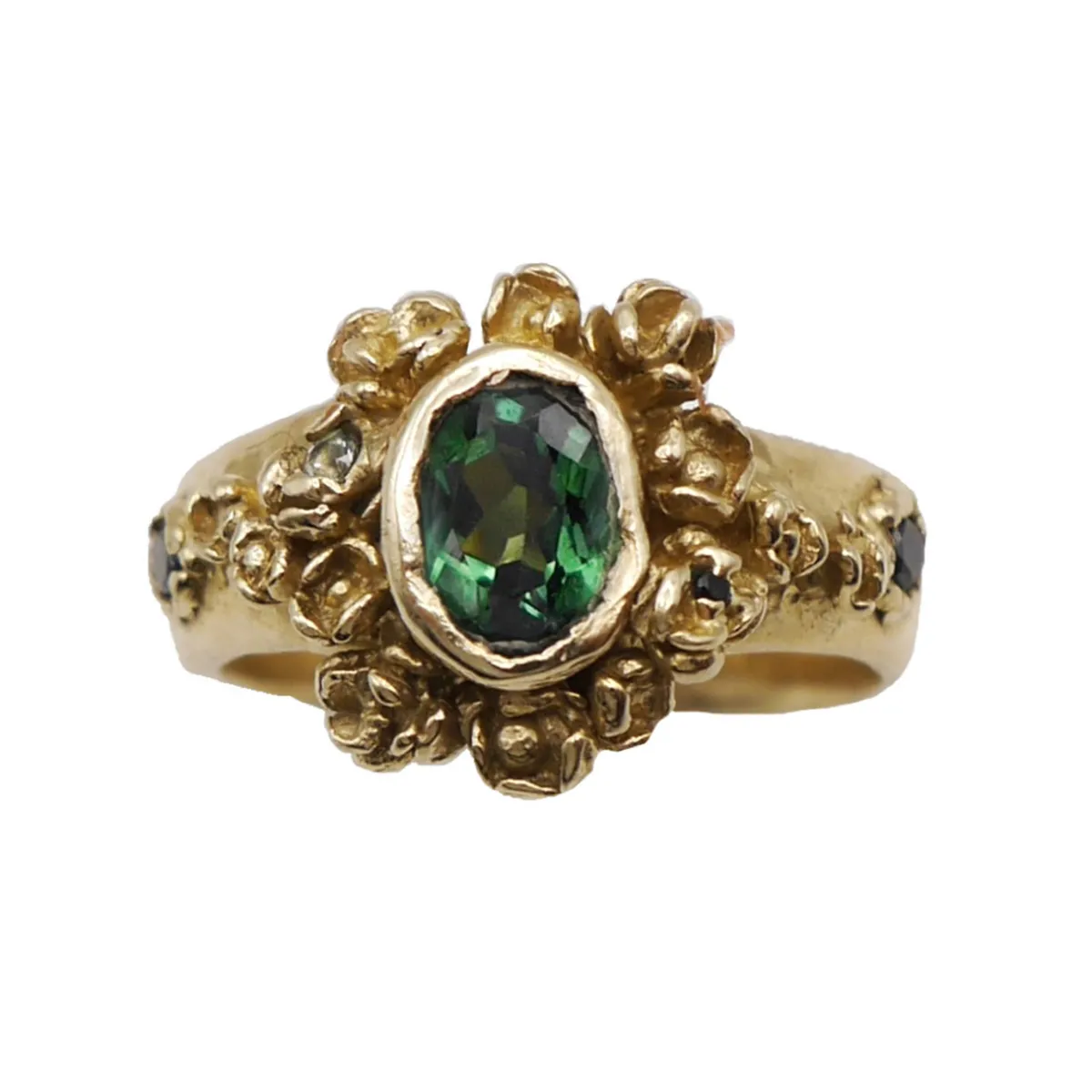Tomfoolery Rosarium Green Tourmaline, Black Diamond & Sapphire Ring New
