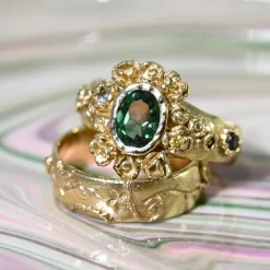 Tomfoolery Rosarium Green Tourmaline, Black Diamond & Sapphire Ring New