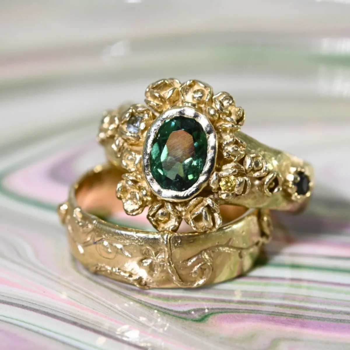 Tomfoolery Rosarium Green Tourmaline, Black Diamond & Sapphire Ring New