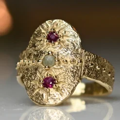 Tomfoolery Ruby & Milky Diamond Rustic Shield Ring Hot