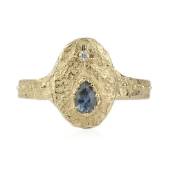 Tomfoolery Rustic Pear Sapphire & Diamond Shield Ring Fashion