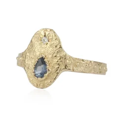 Tomfoolery Rustic Pear Sapphire & Diamond Shield Ring Fashion
