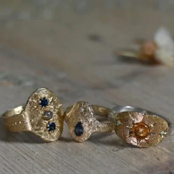 Tomfoolery Sapphire & Milky Diamond Rustic Shield Ring New