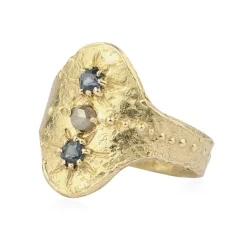 Tomfoolery Sapphire & Milky Diamond Rustic Shield Ring New