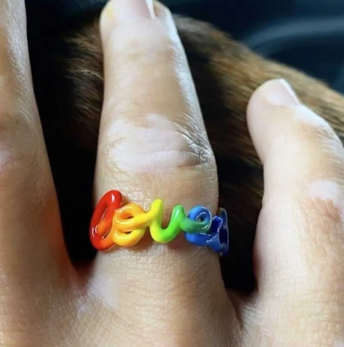 Tomfoolery Silver & Enamel Rainbow ‘Loved’ Ring Discount